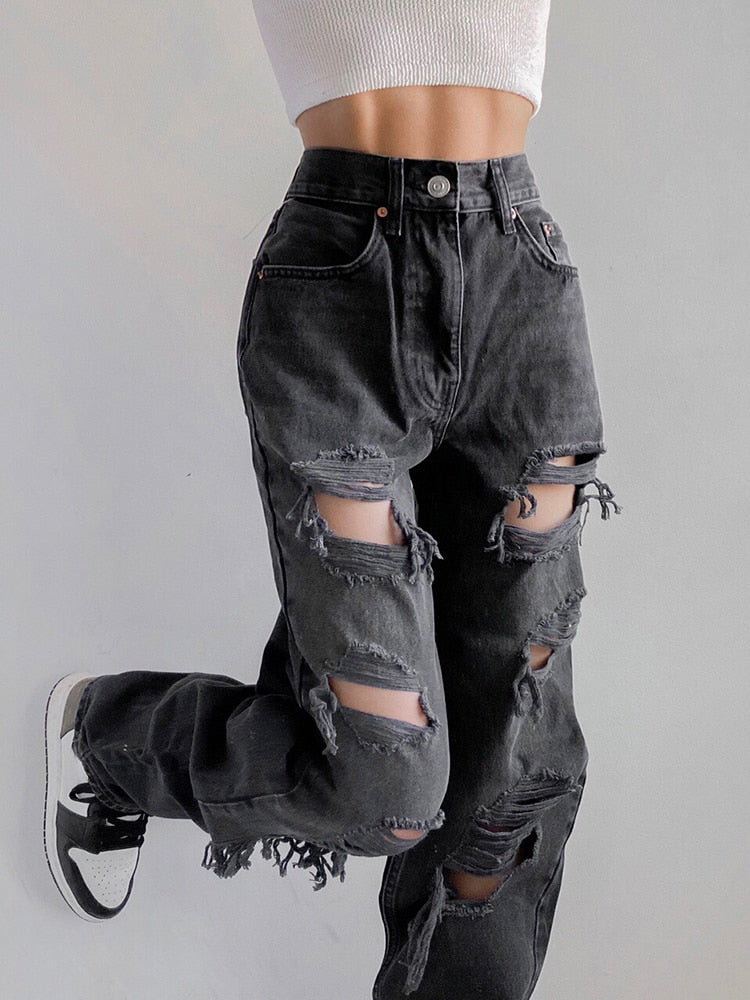 HEYounGIRL Löcher Lässige schwarze zerrissene Jeans Frau Harajuku Jeanshose mit hoher Taille Vintage Distressed Pants Capri Summer