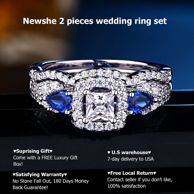 Newshe 2Pcs Solid 925 Sterling Silver Wedding Engagement Rings for Women Princess Cut Blue Pear AAAAA Zircons Bridal Set