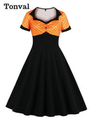 Tonval Two Tone Sweetheart Neck Button Front Vintage Party Dresses Women Pinup Retro Polka Dot A Line Summer Swing Dress