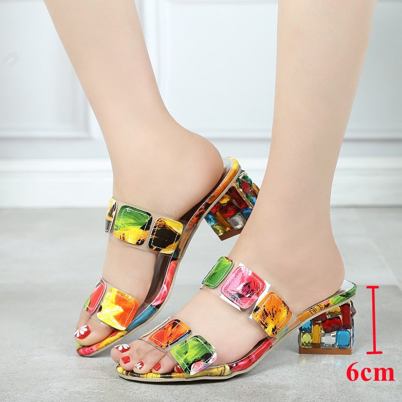 Lucyever Women Fashion Summer Crystal Sandals Rhinestone Heels Open Toe Shoes Woman Colorful Ladies Beach Flip Flops Slides