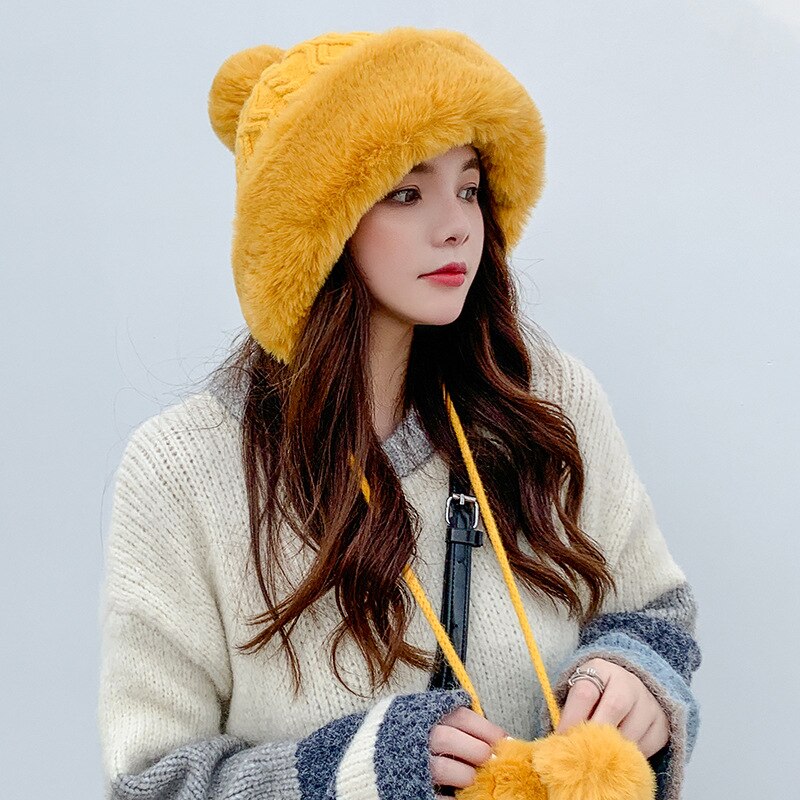 Sparsil Woman Autumn Winter Mink Knit Bomber Hat Thick Female Fluffy Pompom Outdoor Warm Windproof Earflap Trapper Snow Ski Caps