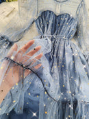 2022 nueva mujer cuello redondo estrellas lentejuelas malla brillante Hada vestido mujer elegante gasa ostentosa princesa Puff Vestidos De Fiesta