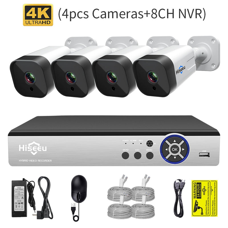 Hiseeu 4K 8MP 5MP 3MP 8CH POE Cámara de vigilancia IP Kit de sistema de seguridad Set AI Detección facial Audio bidireccional CCTV inteligente HD NVR