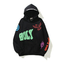 Retro Hip Hop Skull Letter Graffiti Fleece Hooded Hoodies for Men and Women High Street Loose Casual Pullover Sweatshirts