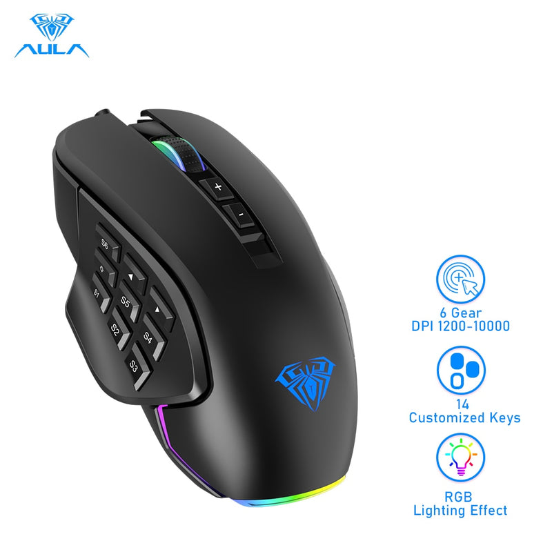 AULA H510 RGB Gaming Mouse 10000 DPI Side Buttons Marco Progrommable Egronomic 14 Wire Backlit Game Mice for Laptop