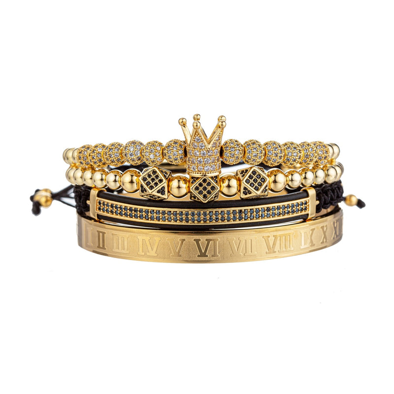 4pcs/set Luxury Stainless Steel Beads Royal King Crown Men Bracelet CZ Roman Bracelets &amp; Bangles Keep Color Rock Punk Jewellery