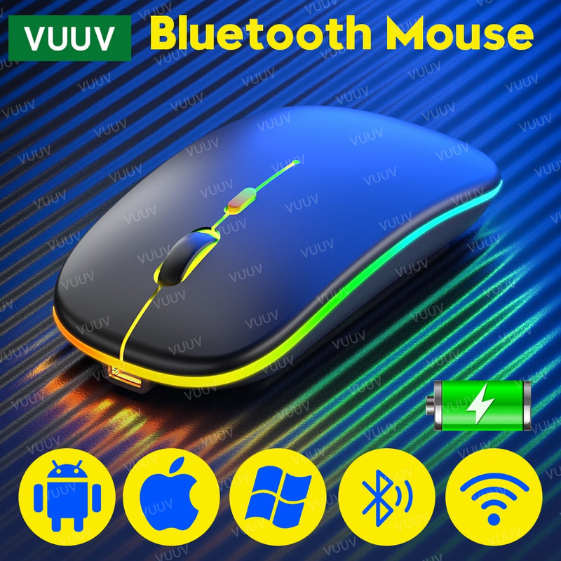 Bluetooth Wireless Mouse For Computer PC Laptop iPad Tablet MacBook With RGB Backlight Ergonomic Silent Rechargeable USB Mouse