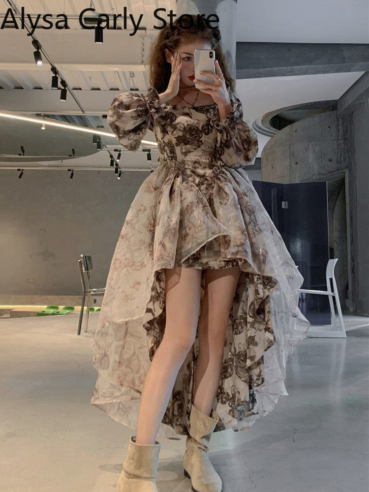 Autumn Floral Fairy Dresses for Women 2022 Luxury Designer Slim Korean Princess Dresses Female Chic Elegant Casual Party Dresses