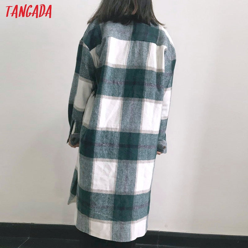 Tangada 2020 Otoño Invierno mujer verde plaid abrigo largo chaqueta Casual cálido abrigo moda abrigos largos AI35