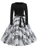 Winter WeihnachtsKleider Damen 50er 60er Vintage Kleid Swing Pinup Elegant Partykleid Langarm Freizeit Print Schwarz