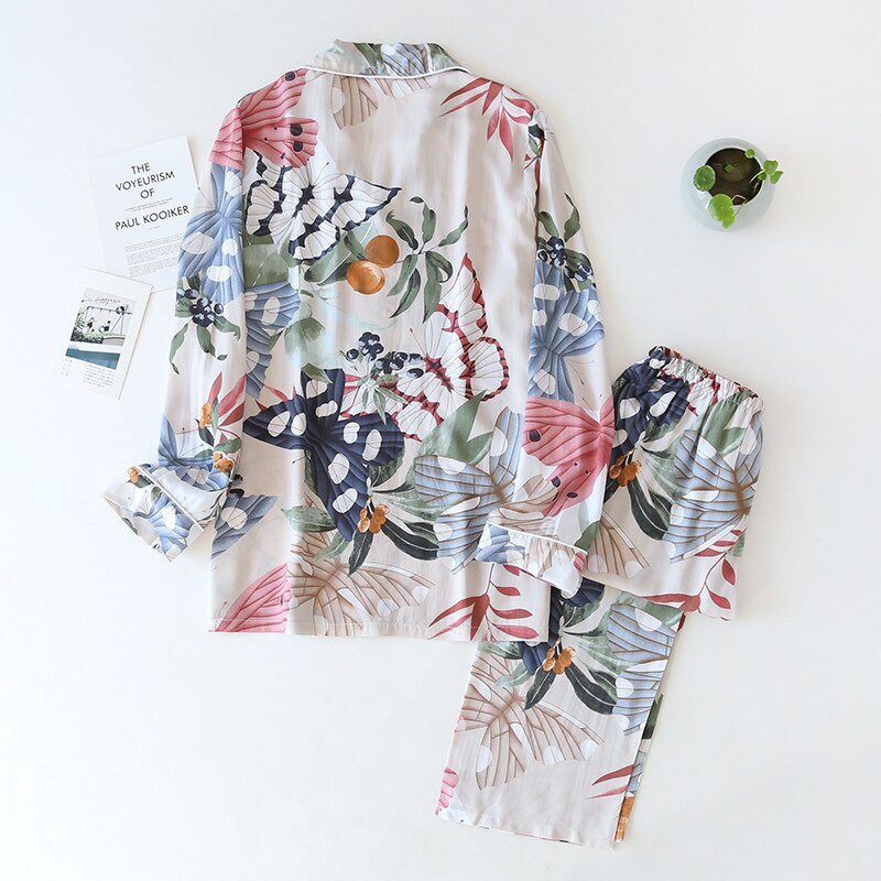 New spring and autumn long-sleeved trousers ladies pajamas set viscose cardigan butterfly flower simple thin home service summer