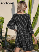 Aachoae Women Casual Loose Polka Dot Dress V Neck Pleated Chiffon Dress Lantern Half Sleeve Mini Beach Dress Summer Robe Femme
