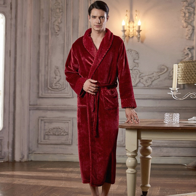 Men Long Thick Warm Flannel Bath Robe Plus Size Women Robes Coral Fleece Bathrobe for Winter Dressing Gown Male Kimono Sleepwear