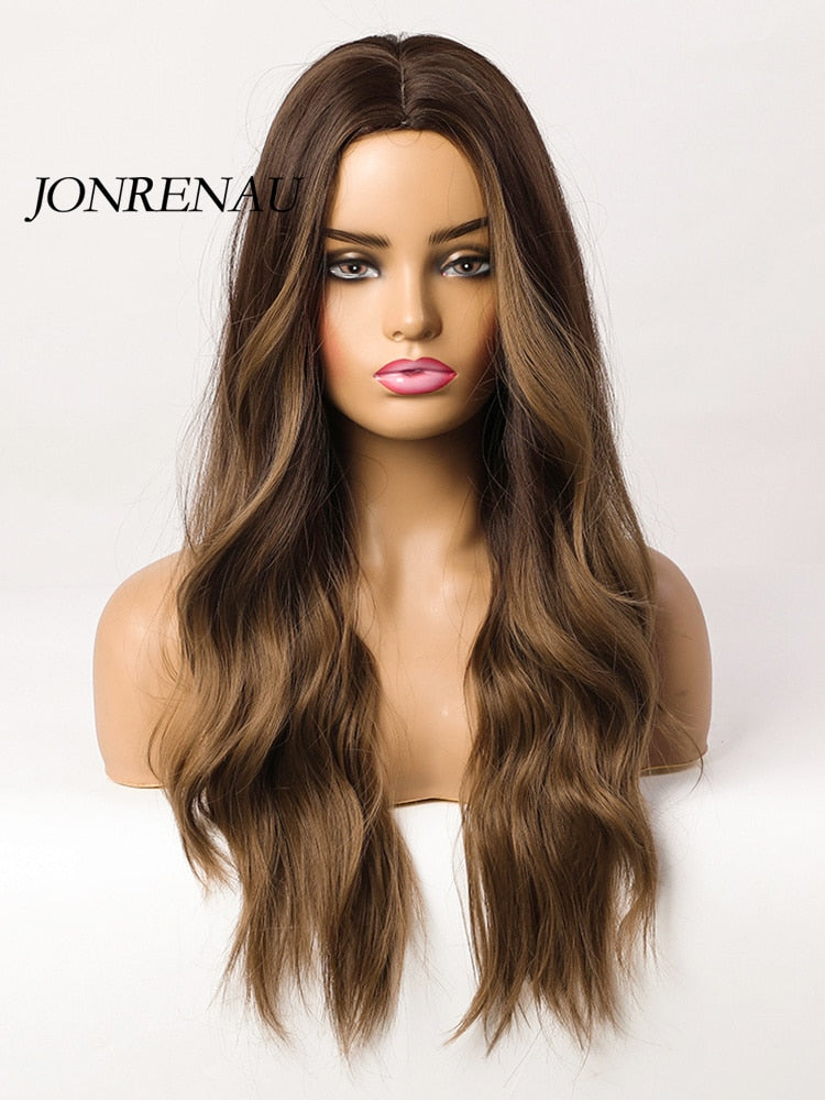 JONRENAU Long Natural Wave Middle Part Hair Gradient Dark Brown Synthetic Wigs  for Women Daily Cosplay Use Heat Resistant Wig