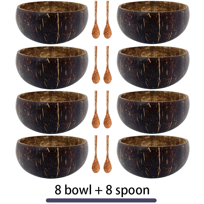 Women 12-15cm Natural Coconut Bowl Dinner Set Handmade Wooden Tableware Wood Spoon Dessert Fruit Salad Mixing Rice Ramen Bowl
