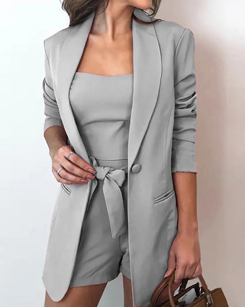 Conjuntos de chaqueta elegante para mujer Otoño Formal Oficina Señora OL Shorts Top Conjuntos Top sólido y Blazer Conjuntos de abrigo y pantalones cortos