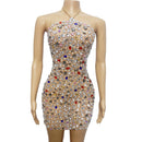 Sparkly Colorful Rhinestones Transparent Dress Prom Evening Sexy See Through Multicolor Crystals Costume Birthday Fether Sleeves