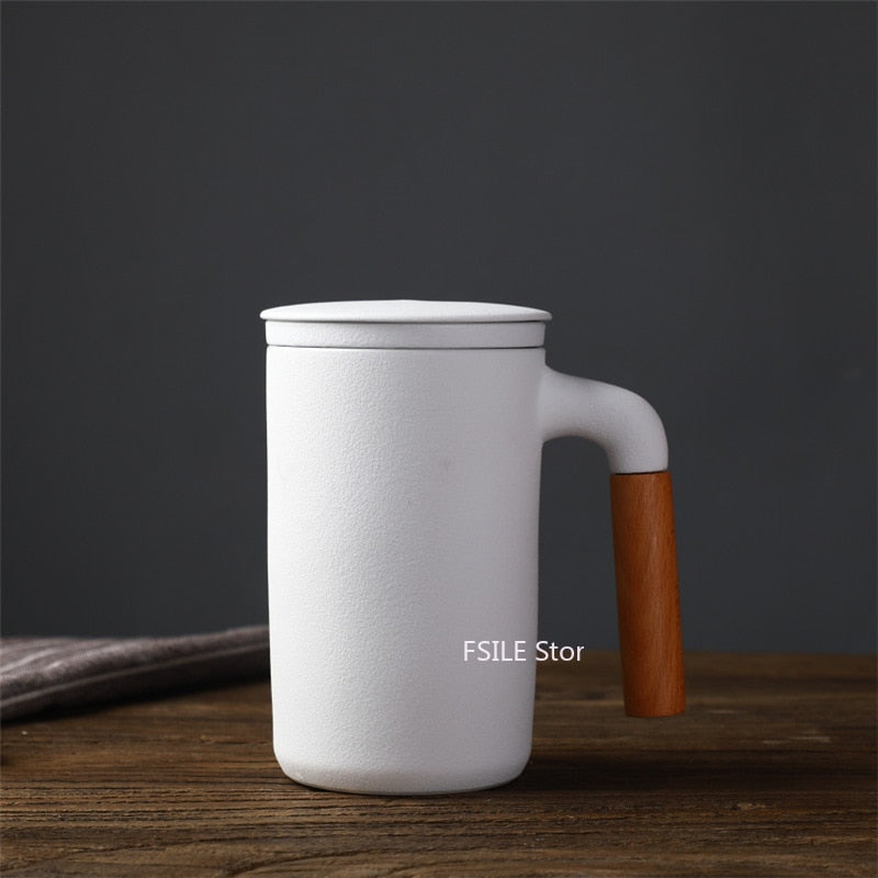 450ml FSILE Ceramic Large Capacity Mug Japanese Style Stoneware Office Cup with Wooden Handle Gift Mug with Lid Tea Separation