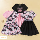 PatPat Spring and Autumn 3-pack Dresses Toddler Girl Dots and Solid Short and Long-sleeve Dress Set Cute Children's Clothing
