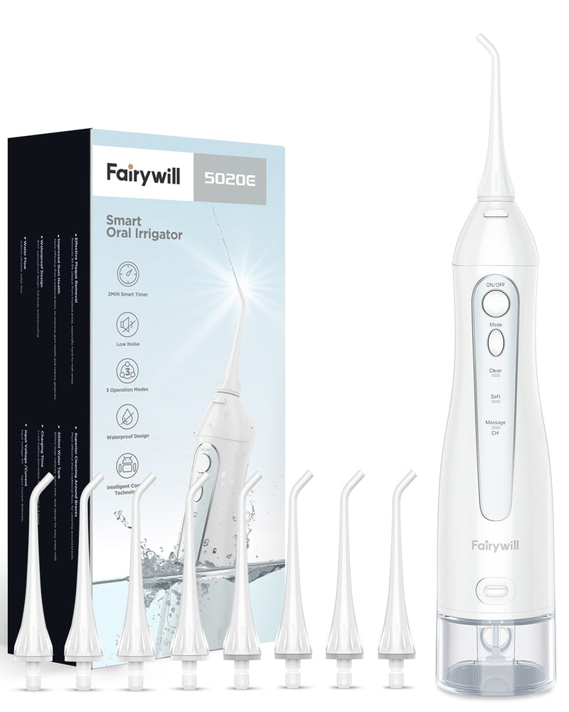 Irrigador de agua Fairywill para dientes, irrigador bucal de 300ML, recargable, portátil, Dental, 3 modos, tanque de agua, limpiador de dientes resistente al agua