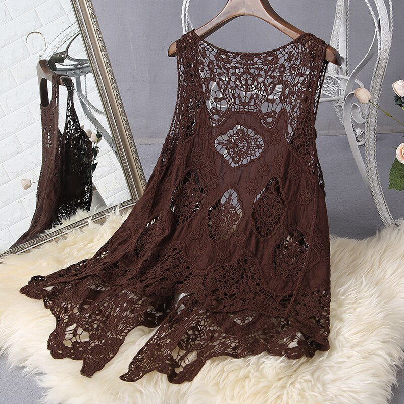 Hippie Froral Patch Design Vest Retro Vintage Crochet Summer Beach Cover Up Top Asymmetric Open Stitch Kimono Cardigain 2022