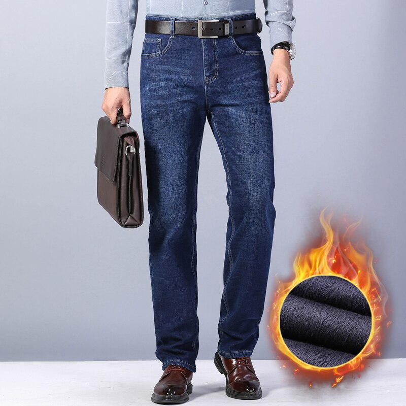 Winter Thermal Warm Flannel Stretch Jeans Mens Quality Famous Brand Fleece Pants Men Straight Flocking Trousers Jean Male