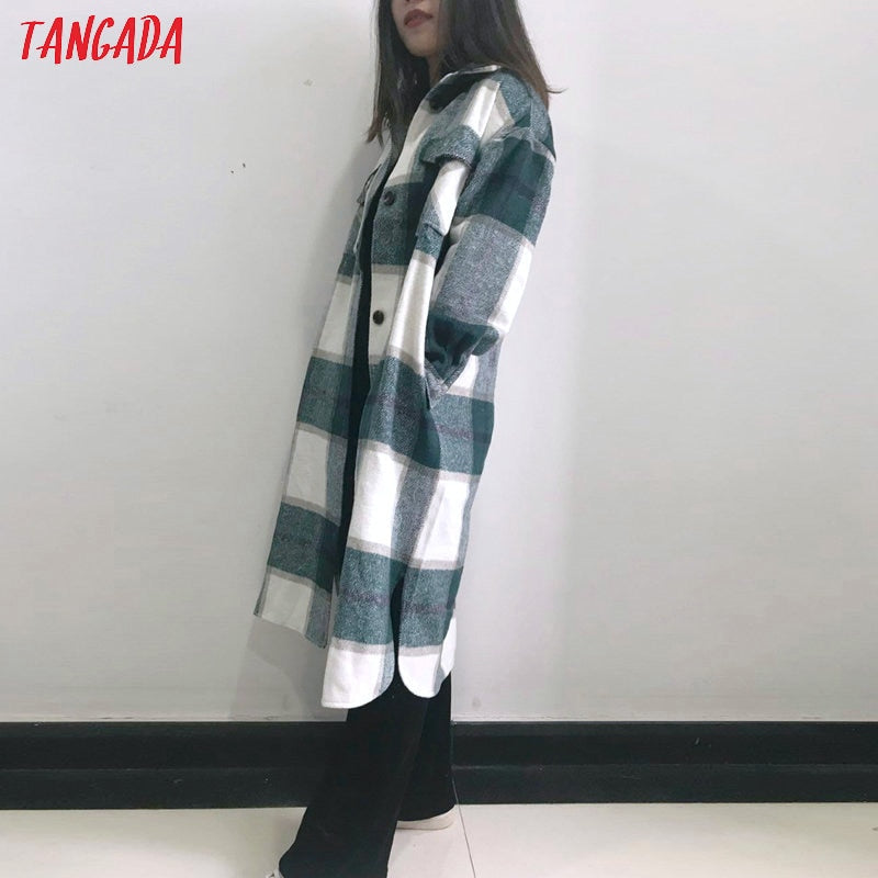 Tangada 2020 Autumn Winter Women green plaid Long Coat Jacket Casual Warm Overcoat Fashion Long Coats AI35