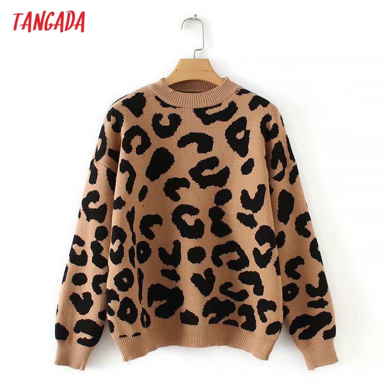Tangada Frauen Leopard Strickpullover Winter Tierdruck dicke Langarm weibliche Pullover beiläufige Oberteile 2X05