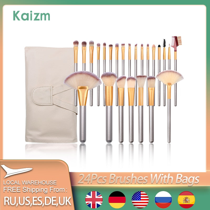 Juego de brochas de maquillaje Kaizm, 24 Uds., herramientas de belleza, mezcla de cosméticos, sombra de ojos, polvo de labios, base, Kit de herramientas de brochas de maquillaje con bolsas