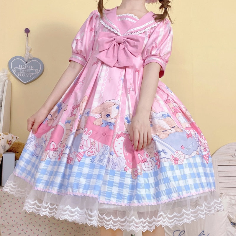 Sweet Cute Kawaii Girls Lolita Dress Princess Maid Vintage Ruffles Dresses Puff Sleeve Red Black Pink Women Dress Round Collar