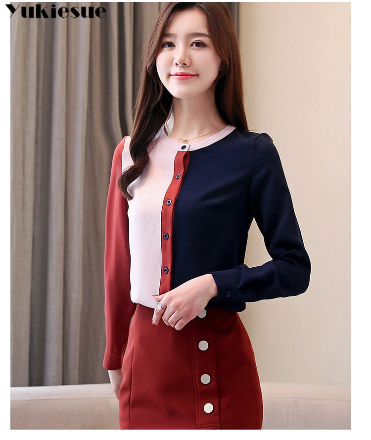 Koreanische Modekleidung 2022 Chiffonbluse Damenoberteile Oberteile Damenbekleidung Button Stand Damenoberteile und Bluse Voll