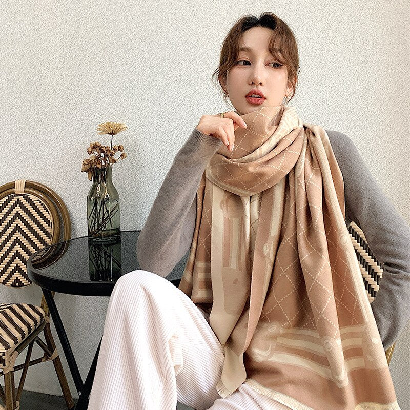 Bufanda de invierno de Cachemira para mujer, chales de Pashmina, bufandas gruesas con estampado de lujo, envolturas cálidas de marca para mujer, doble cara