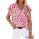 2022 Summer Casual Fashion Vintage Floral Print V-neck Petal Short Sleeve Loose Pullover Shirt Sweet Fresh Blouse Women Clothing