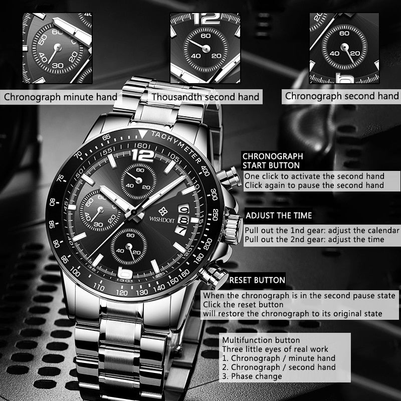 WISHDOIT 2021New Fashion Men&#39;s Watch Top Luxury Brand Watch 30m Waterproof Luminous Stainless Steel Men&#39;s Watch Reloj hombre