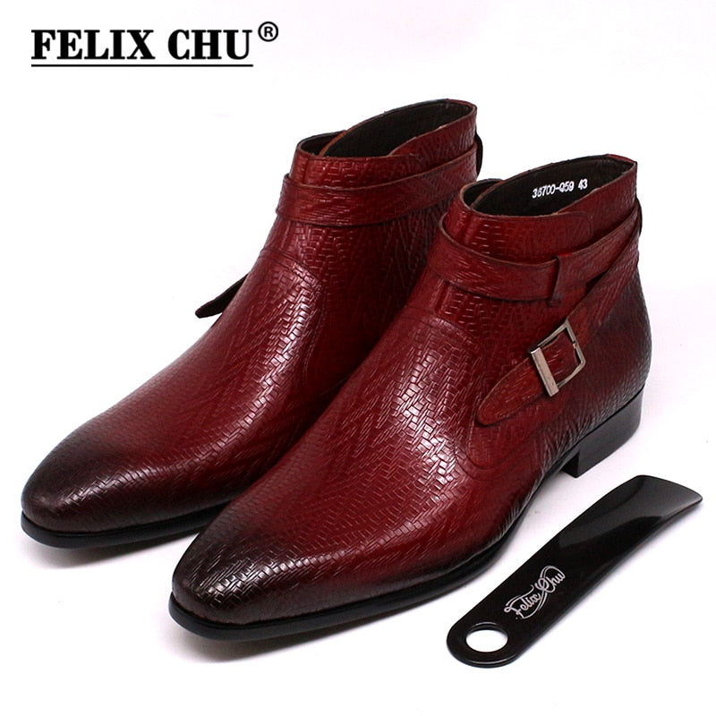 Handgemachte Herren Stiefeletten Felix Chu Echtes Leder Herren Motorradstiefel Schwarz Rot Schnalle High Top Abendschuhe für Herren