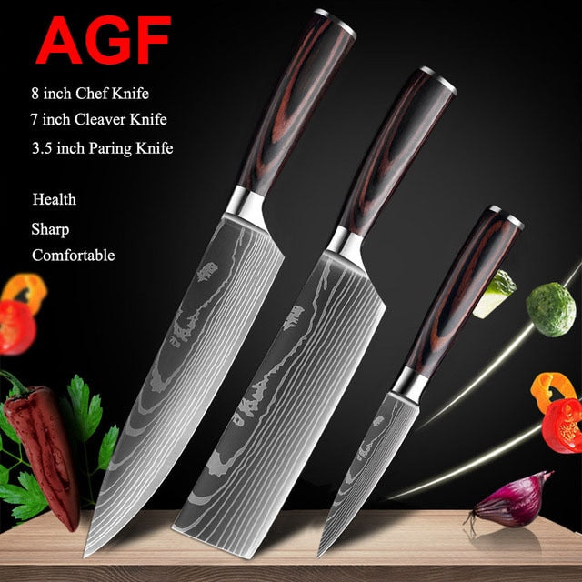 Japanese Kitchen Knife Set Laser Damascus Pattern Stainless Steel  Sharp Cleaver Slicing Utility Knives Kitchen Tools