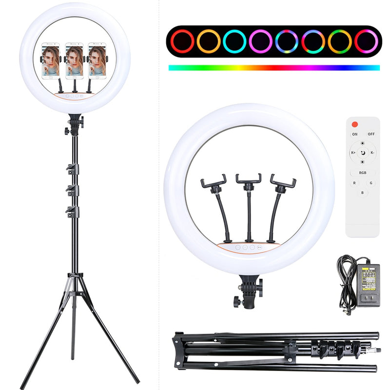 Anillo de luz LED para Selfie de 18 pulgadas, 33, 45cm, regulable, con soporte para teléfono, trípode para vídeo, transmisión en vivo, Vlog, iluminación de fotografía