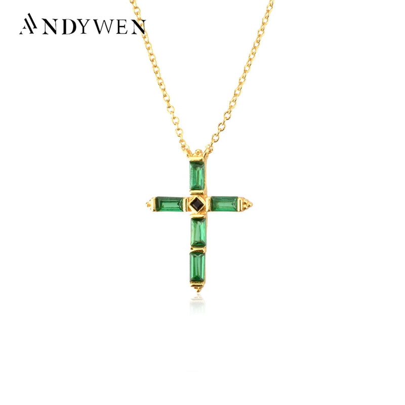 ANDYWEN 925 Sterling Silver Colorful Cross Pendant Necklace Long Chain Fine Jewelry Collar Corto Doris Verde Rosa Rock Punk Oro