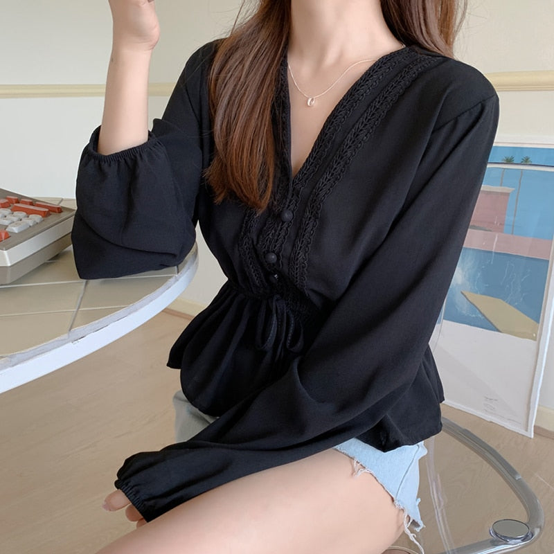 shintimes V-Neck White Blouse Sashes Casual Woman Clothes 2022 Fall Lace Long Sleeve Shirt Women Blouses Shirts Chemisier Femme
