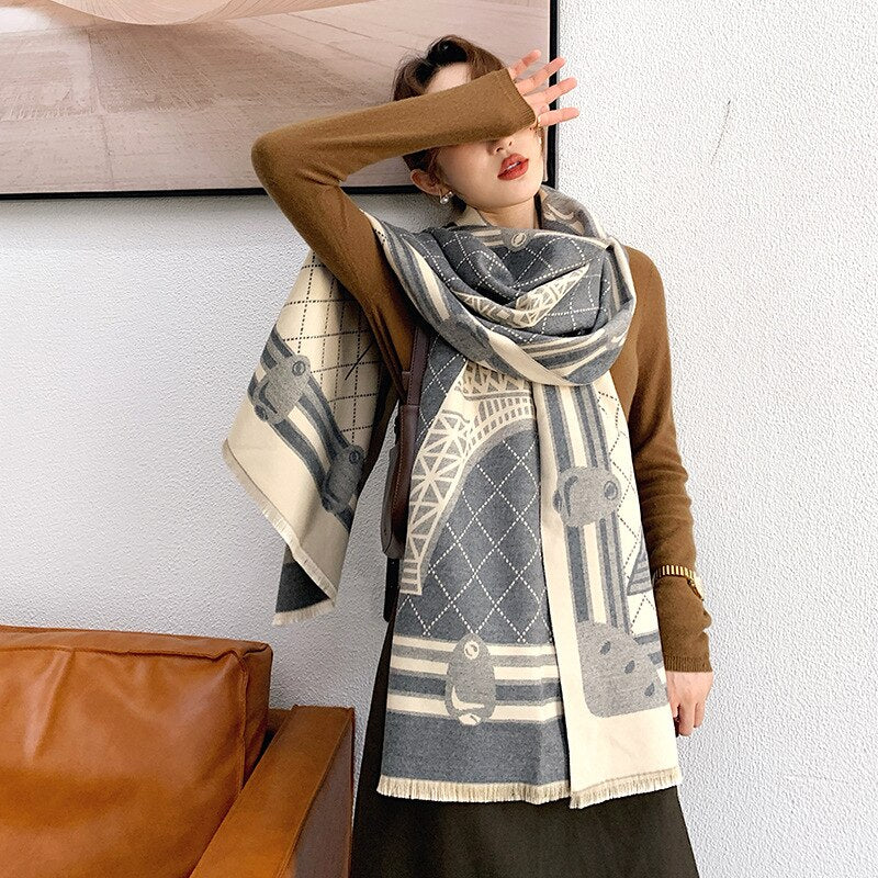 Bufanda de invierno de Cachemira para mujer, chales de Pashmina, bufandas gruesas con estampado de lujo, envolturas cálidas de marca para mujer, doble cara