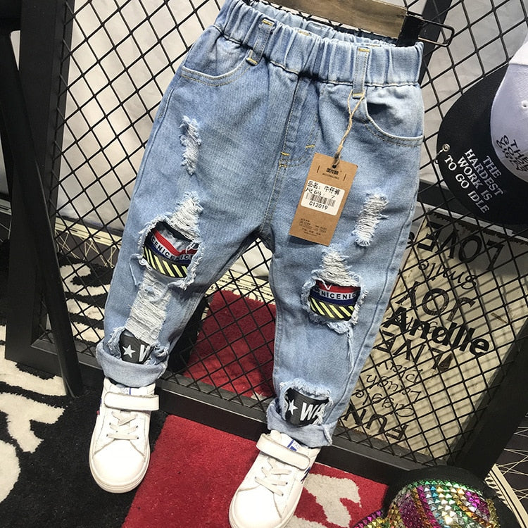 New Girls Jeans Spring Autumn Children Trousers 1-7Yrs Baby Boys Girls Jeans Boys Casual Hole Pants Cartoon Cat Jeans Kids Pants