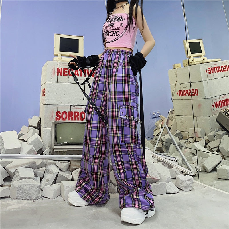 QWEEK Punk Harajuku pantalones a cuadros mujeres Goth Hippie pantalones a cuadros Hip Hop pantalones anchos Cargo Indie y2k estético 2000s coreano