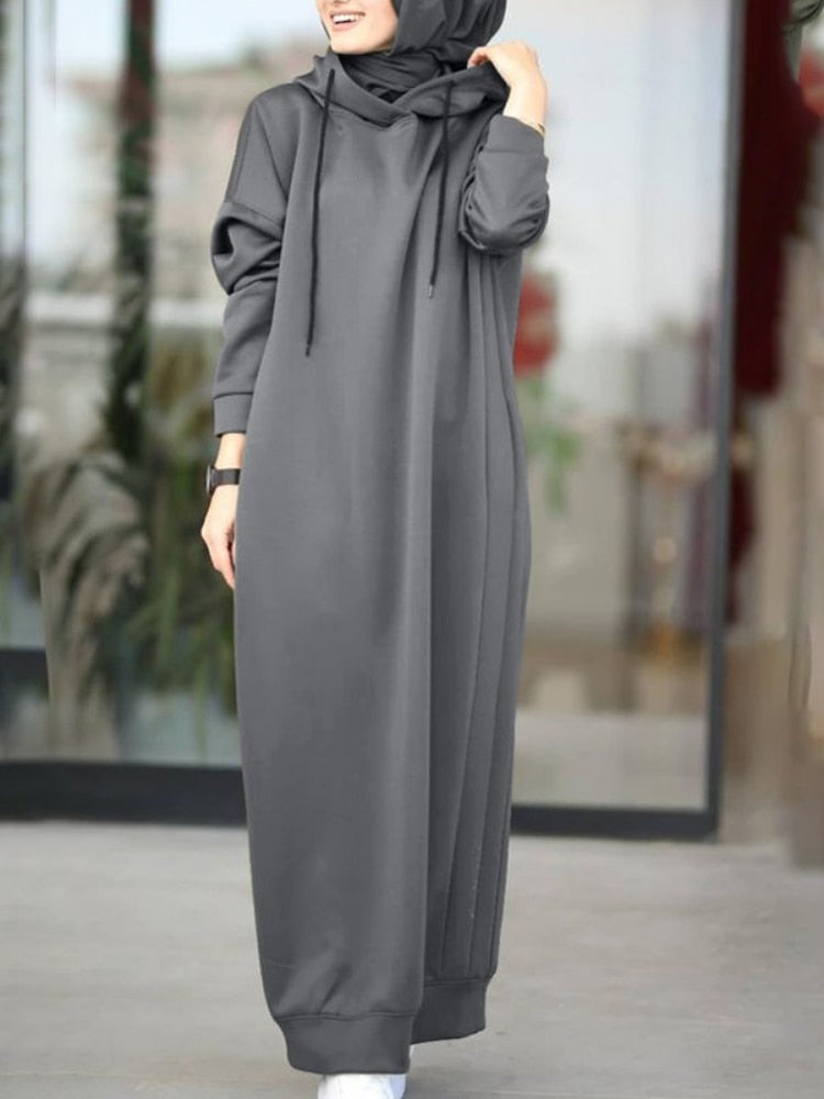 Women's Sweatshirt Dress 2022 Stylish Hoodies Long Sleeve Maxi Dress Female Casual Solid Hooded Vestidos Robe