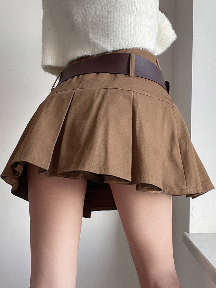 HEYounGIRL Casual Brown Pleated Mini Skirt Ladies High Waisted Short Skirts Womens with Belt Korean Fashion 90s Summer Street