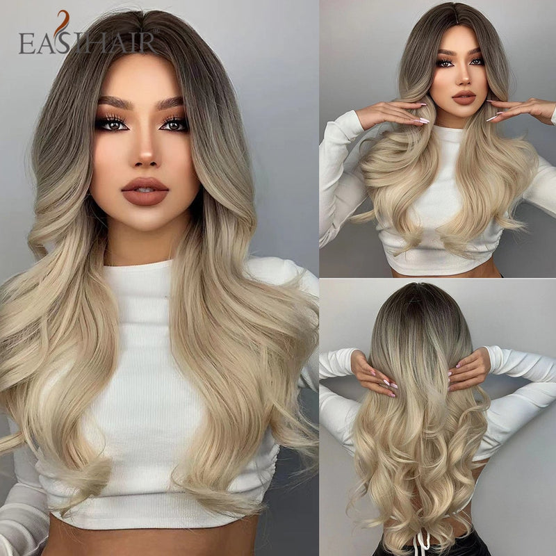 EASIHAIR largo rubio claro Ombre pelucas de estilo ondulado Natural pelucas sintéticas resistentes al calor pelucas de Cosplay de pelo de parte media para mujeres