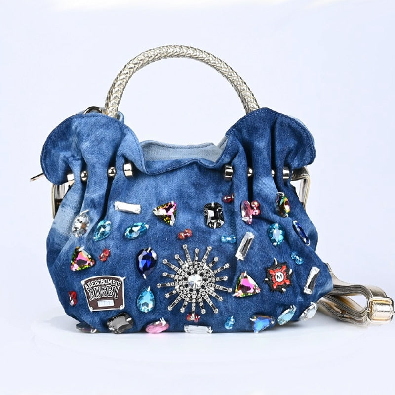 iPinee New Women Denim Bags Sweet Blue Pattern High Quality Handbags With Diamond Ladies Tote Bag Messenger Bags