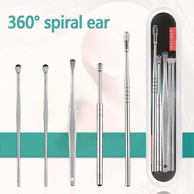 6Pcs/set Ear Wax Pickers Stainless Steel Earpick Wax Remover piercing kit  earwax Curette  Spoon Care Ear Clean Toolear cleaner