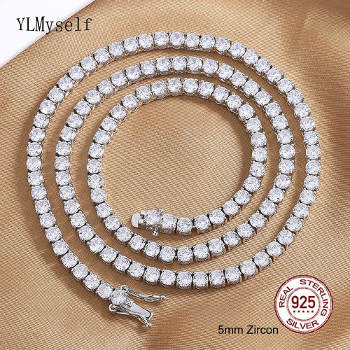 Solid Real 925 Sterling Silver 16/17/18/20/22/24 Inch Tennis Chain Choker Pave 2/3/4/5 mm Shiny Zircon Necklace For Men/Women