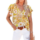 2022 Summer Casual Fashion Vintage Floral Print V-neck Petal Short Sleeve Loose Pullover Shirt Sweet Fresh Blouse Women Clothing