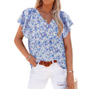 2022 Summer Casual Fashion Vintage Floral Print V-neck Petal Short Sleeve Loose Pullover Shirt Sweet Fresh Blouse Women Clothing